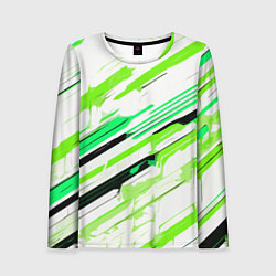 Женский лонгслив Чёрно-зелёно-салатовые полосы на белом фоне