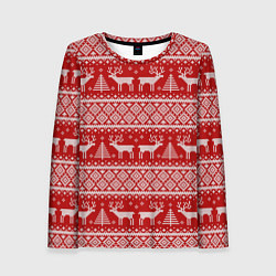 Лонгслив женский Вязаный новогодний орнамент с оленями и ёлками, цвет: 3D-принт
