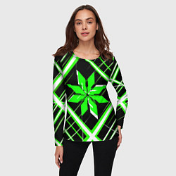 Лонгслив женский Зелёно-белая звезда и полосы на чёрном фоне, цвет: 3D-принт — фото 2