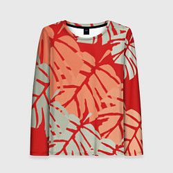 Женский лонгслив Отпечатки монстеры на красном