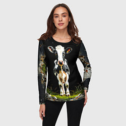 Лонгслив женский Корова на черном, цвет: 3D-принт — фото 2