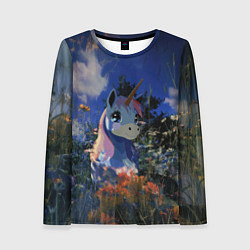 Лонгслив женский Синий единорог в кустах, цвет: 3D-принт