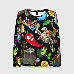 Женский лонгслив Растения против зомби персонажи на черном