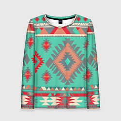 Женский лонгслив Оранжево бирюзовый геометрический узор в стиле ацт