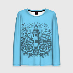 Женский лонгслив Маяк с розами и кораблем