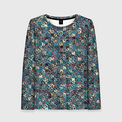 Лонгслив женский Бордово-голубой квадратный паттерн, цвет: 3D-принт