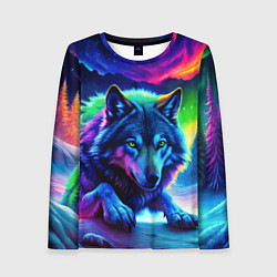 Женский лонгслив Большой волк одинокий охотник - неоновые цвета