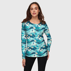 Лонгслив женский Летний узор с ракушками и морскими звездами, цвет: 3D-принт — фото 2