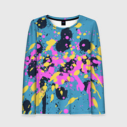 Лонгслив женский Брызги краски розовой желтой и темно синей, цвет: 3D-принт