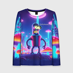 Лонгслив женский Робот-сгибальщик Бендер в неоновом грибном мегапол, цвет: 3D-принт