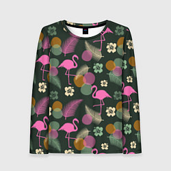 Лонгслив женский Фламинго и листья на темно-зеленом, цвет: 3D-принт