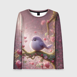 Лонгслив женский Маленькая фиолетовая птица с сердечками и цветами, цвет: 3D-принт