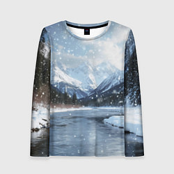 Лонгслив женский Снежный горный пейзаж с елями и рекой, цвет: 3D-принт