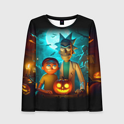Лонгслив женский Morty and Rick with pumpkin - neon halloween, цвет: 3D-принт