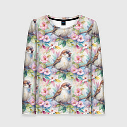Лонгслив женский Воробей в ярких цветах паттерн, цвет: 3D-принт