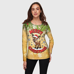 Лонгслив женский Олень в шапке Санты, цвет: 3D-принт — фото 2