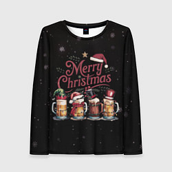Женский лонгслив Кружки пива в новогодних шапках