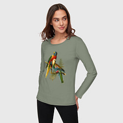 Лонгслив хлопковый женский Тропические попугаи, цвет: авокадо — фото 2