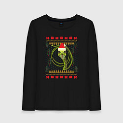 Лонгслив хлопковый женский Рождественский свитер Скептическая змея, цвет: черный