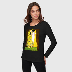 Лонгслив хлопковый женский Густав Климт влюблённые поцелуй с котом, цвет: черный — фото 2