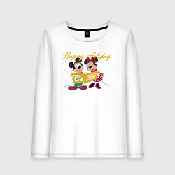 Лонгслив хлопковый женский Happy Holoday Mouse, цвет: белый