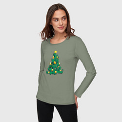 Лонгслив хлопковый женский Christmas Tree Made Of Green Cats, цвет: авокадо — фото 2
