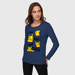 Лонгслив хлопковый женский Пика Пика Пикачу Pikachu, цвет: тёмно-синий — фото 2