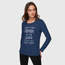 Лонгслив хлопковый женский Opera is my love language hearts, цвет: тёмно-синий — фото 2