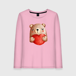 Лонгслив хлопковый женский Мишка с сердечком с валентинкой, цвет: светло-розовый