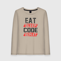 Лонгслив хлопковый женский EAT SLEEP CODE REPEAT, цвет: миндальный