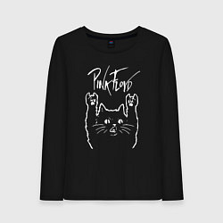 Лонгслив хлопковый женский Pink Floyd Пинк флойд Рок кот, цвет: черный