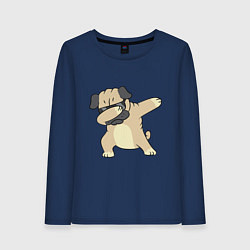 Лонгслив хлопковый женский Дэббинг мопс в чёрных очках - Dabbing dog, цвет: тёмно-синий