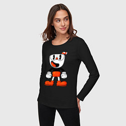 Лонгслив хлопковый женский Cuphead красная чашечка, цвет: черный — фото 2