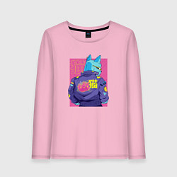Лонгслив хлопковый женский Blue Cyberpunk Cat, цвет: светло-розовый
