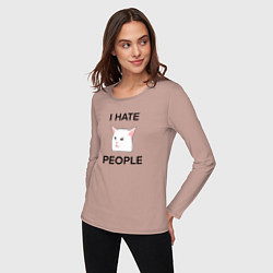 Лонгслив хлопковый женский I hate people, текст с белым котом, цвет: пыльно-розовый — фото 2