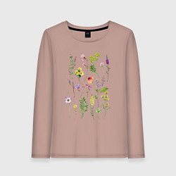 Лонгслив хлопковый женский Полевые растения цветы ботаника, цвет: пыльно-розовый