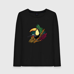 Лонгслив хлопковый женский Птица Тукан на тропической ветке, цвет: черный