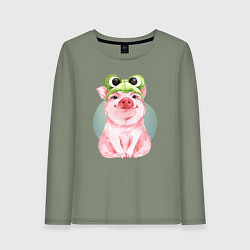 Лонгслив хлопковый женский Милый поросенок в шапке-лягушке, цвет: авокадо
