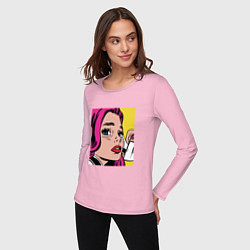 Лонгслив хлопковый женский Девушка в стиле ПОП Арт Girl Pop Art, цвет: светло-розовый — фото 2