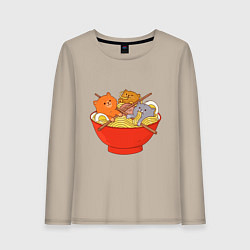 Лонгслив хлопковый женский THREE CATS EATING NOODLES, цвет: миндальный