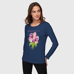 Лонгслив хлопковый женский Мои любимые цветы тюльпаны, цвет: тёмно-синий — фото 2