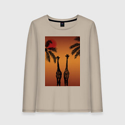 Лонгслив хлопковый женский Жирафы и пальмы на закате, цвет: миндальный