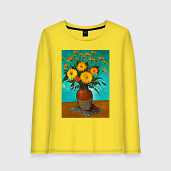 Лонгслив хлопковый женский Желтые герберы в вазе живопись, цвет: желтый
