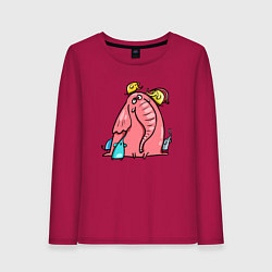 Лонгслив хлопковый женский Розовая слоника со слонятами, цвет: маджента