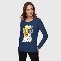 Лонгслив хлопковый женский Гомер Симпсон в звёздном балахоне и в наушниках, цвет: тёмно-синий — фото 2