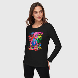 Лонгслив хлопковый женский Барт Симпсон - крутой скейтер - разноцветные клякс, цвет: черный — фото 2