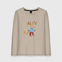 Лонгслив хлопковый женский Рождественский олень с санями, цвет: миндальный