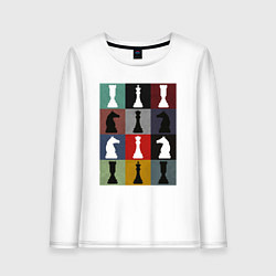 Лонгслив хлопковый женский Шахматные фигуры на цветном фоне, цвет: белый