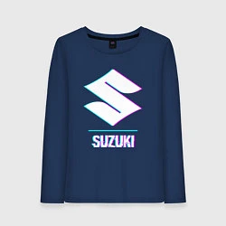 Лонгслив хлопковый женский Значок Suzuki в стиле glitch, цвет: тёмно-синий