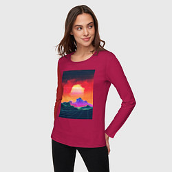 Лонгслив хлопковый женский Синтвейв горы на закате, цвет: маджента — фото 2